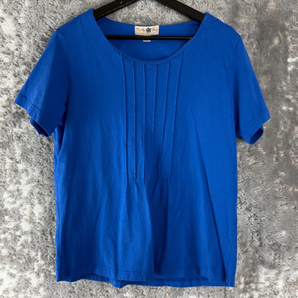 Turtle Bay Size L Pleated‎ Minimalist Casual Top Blue Short Sleeve Pullover